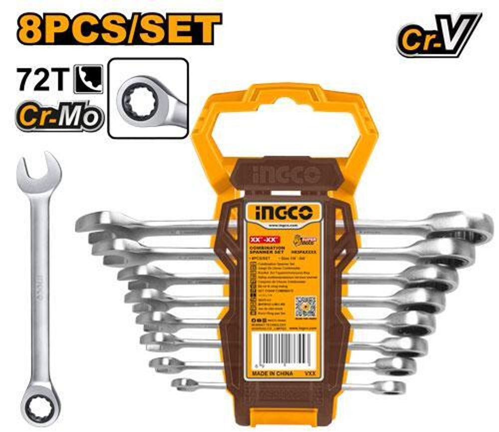 Набор комбинированных ключей с трещоткой 8 шт, (8-18мм) INGCO HKSPAR1082