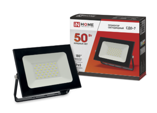 Прожектор с/д IN HOME СДО-7 50Вт черный 6500К 230В
