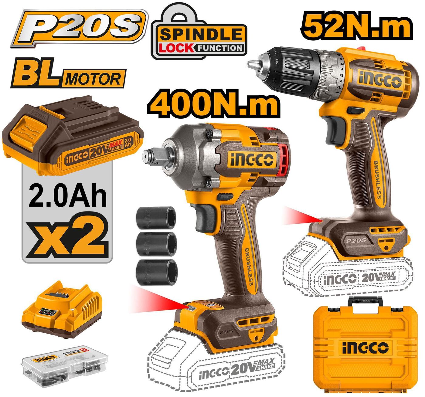 Набор шуруповерт 52Nm+ гайковерт 400Nm. SUPER INGCO CKLI20271