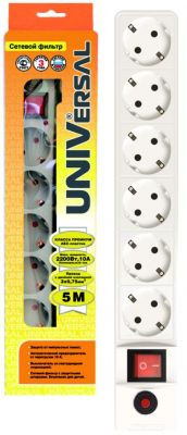 Сетевой фильтр UNIVERSAL 10А с/з 6 розеток с выключателем белый 5м (арт. 967U-3005)