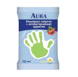 Салфетки влаж. AURA  с антибак. 15шт ромашка