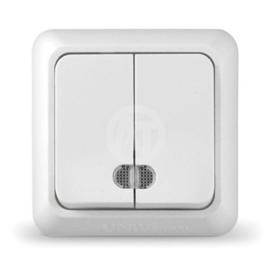 Выключатель UNIVERSAL "Олимп" с индикатором 10А 220В о/у двухклавишный белый