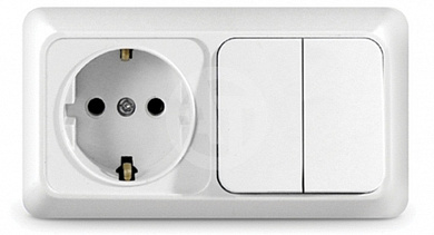 Блок UNIVERSAL "Олимп" розетка 16А + выключатель двуклавишный 10А белый с заземлением