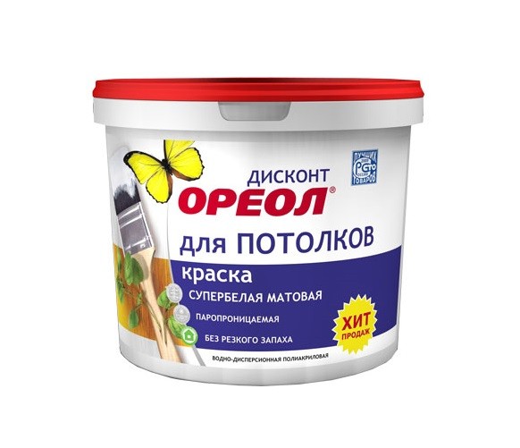 Краска для потолков ОРЕОЛ "Дисконт" супербелая матовая 3 кг