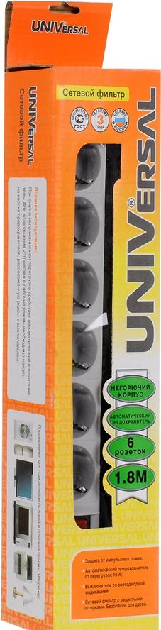 Сетевой фильтр UNIVERSAL 10А с/з 6 розеток с выключателем серый 1,8 м