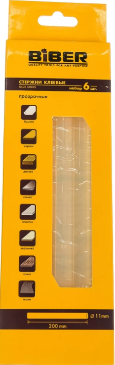 Клеевой Стержень"BIBER" прозрачные 11х200мм 6 шт.