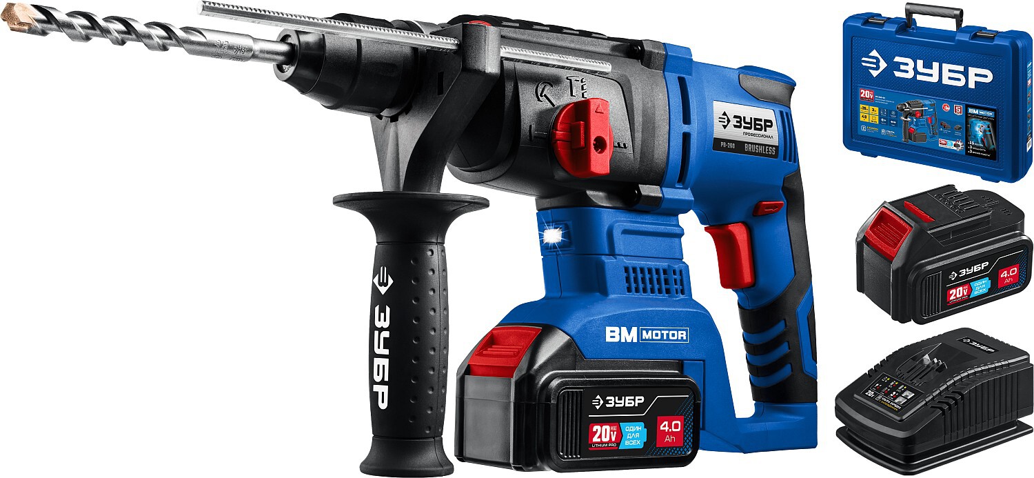 ЗУБР Т7, 20 В, 26 мм, 2 АКБ (4 Ач), бесщеточный перфоратор, кейс, Профессионал (РВ-260-42)