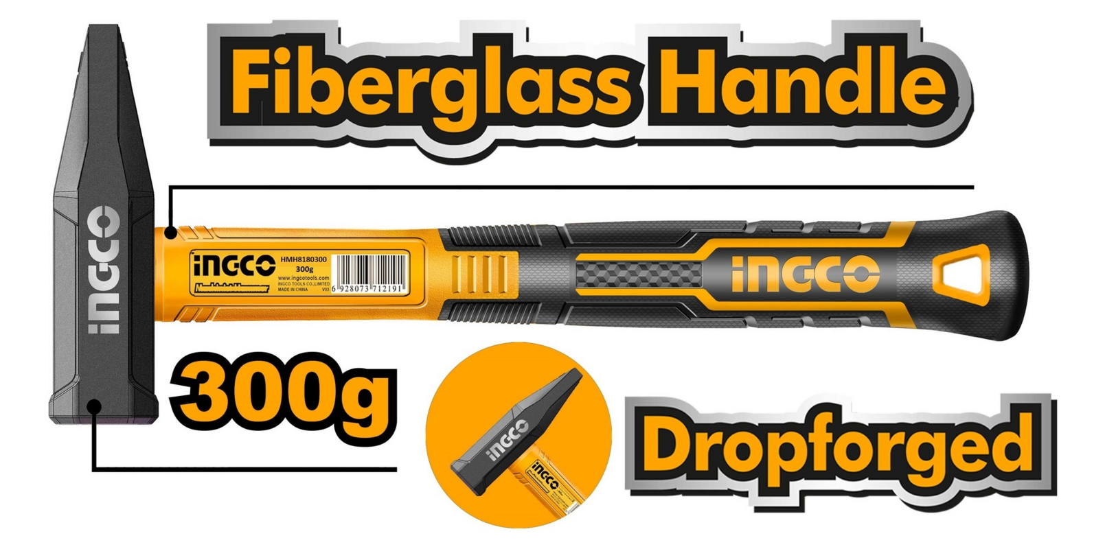 Молоток"INGCO"300 гр фибергласовая ручка HMH82300