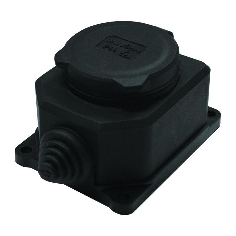 Розетка UNIVERSAL "Компакт" настенная одноместная   с заглушкой с/з IP44 16А 250В каучук черный